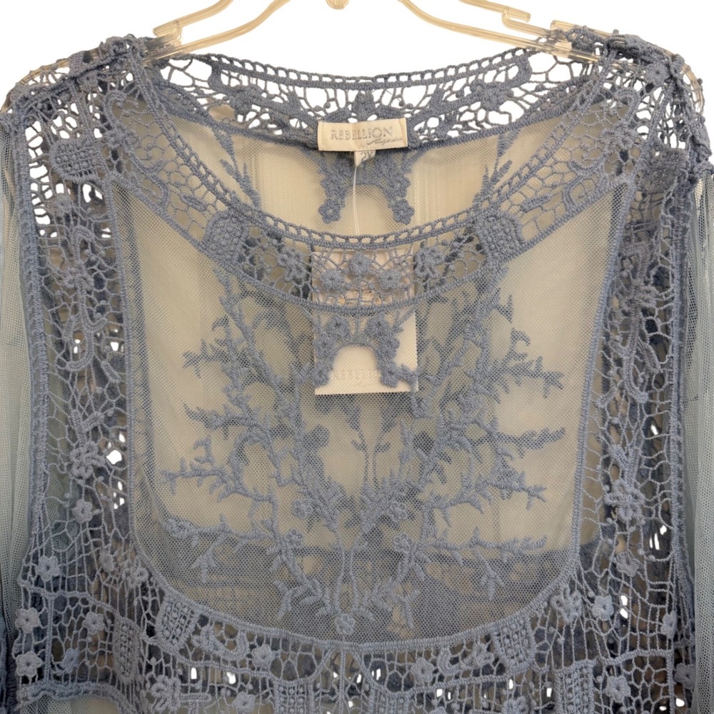 Lace Trim Sheer Tunic Top in Dusty Blue - Fits Like 1X!!! - Picture 3 of 11